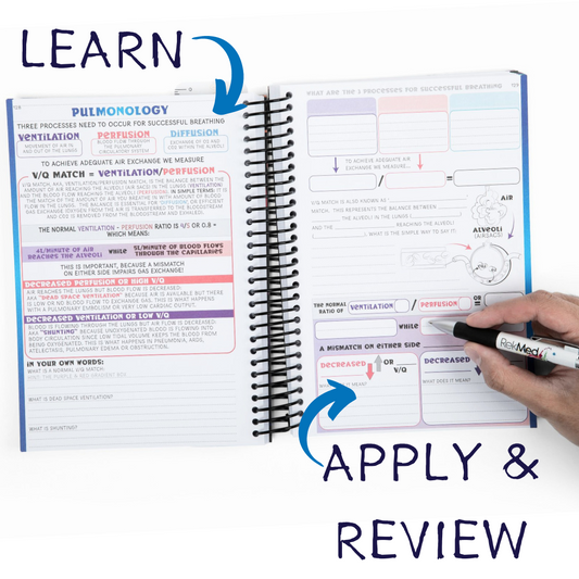 Open spiral notebook with pulmonology notes and hand holding a marker for review.