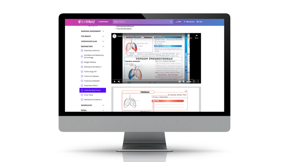 Computer screen displaying a medical education video about tension pneumothorax.